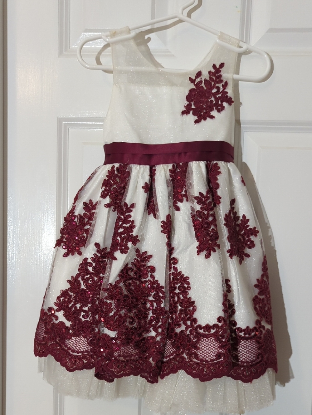 3T American Princess White Dress with Burgundy Floral Lace- full under skir